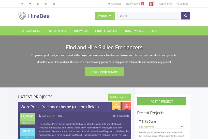 HireBee Freelancer WordPress theme Marketplace Free Download